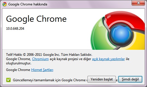 Google Chrome 10.0.648.205 Gأ¼ncelleme